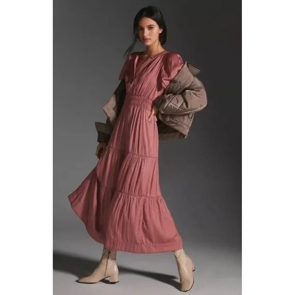 ANTHROPOLOGIE Somerset Satin Maxi Dress Rose Pink Mauve X-Small Petite XSP